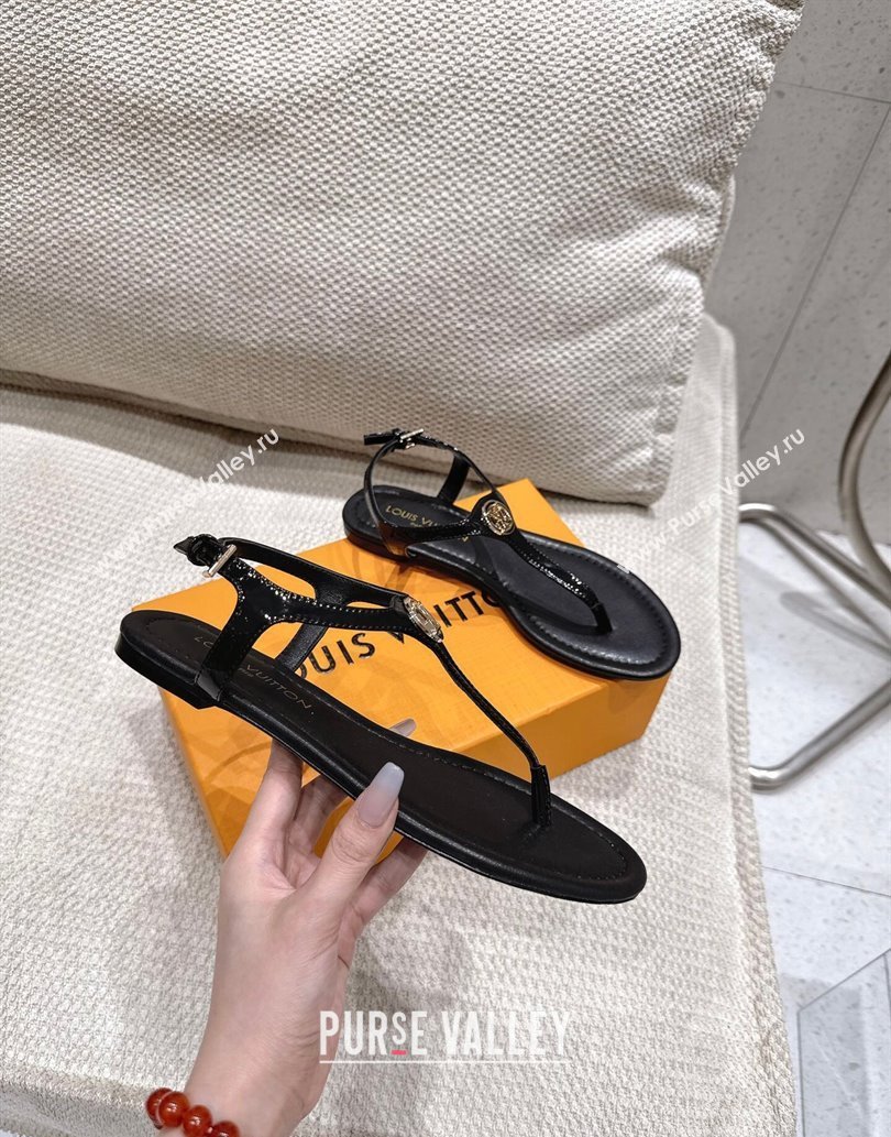 Louis Vuitton Sunkiss Flat Thong Sandals Patent Leather Black 2025 1AHKU7 (MD-250609039)