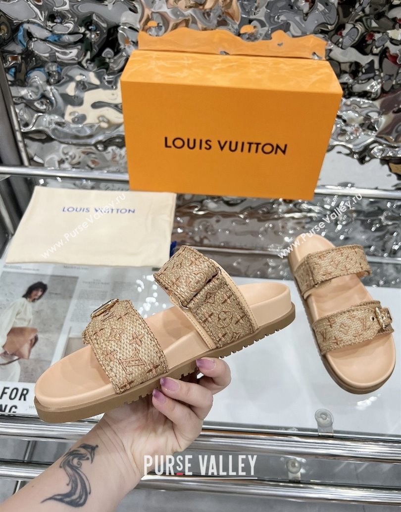Louis Vuitton Bom Dia Flat Comfort Slides Sandal in Raffia Straw Brown 2025 0609 (MD-250609044)