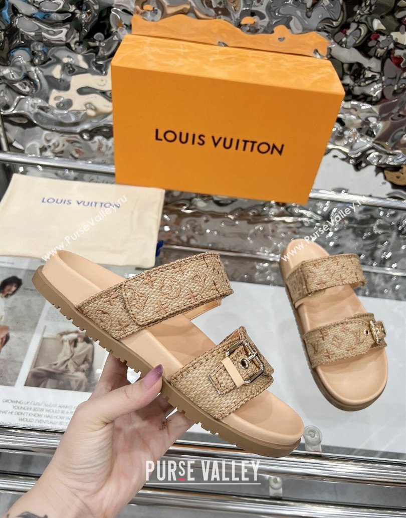 Louis Vuitton Bom Dia Flat Comfort Slides Sandal in Raffia Straw Brown 2025 0609 (MD-250609044)