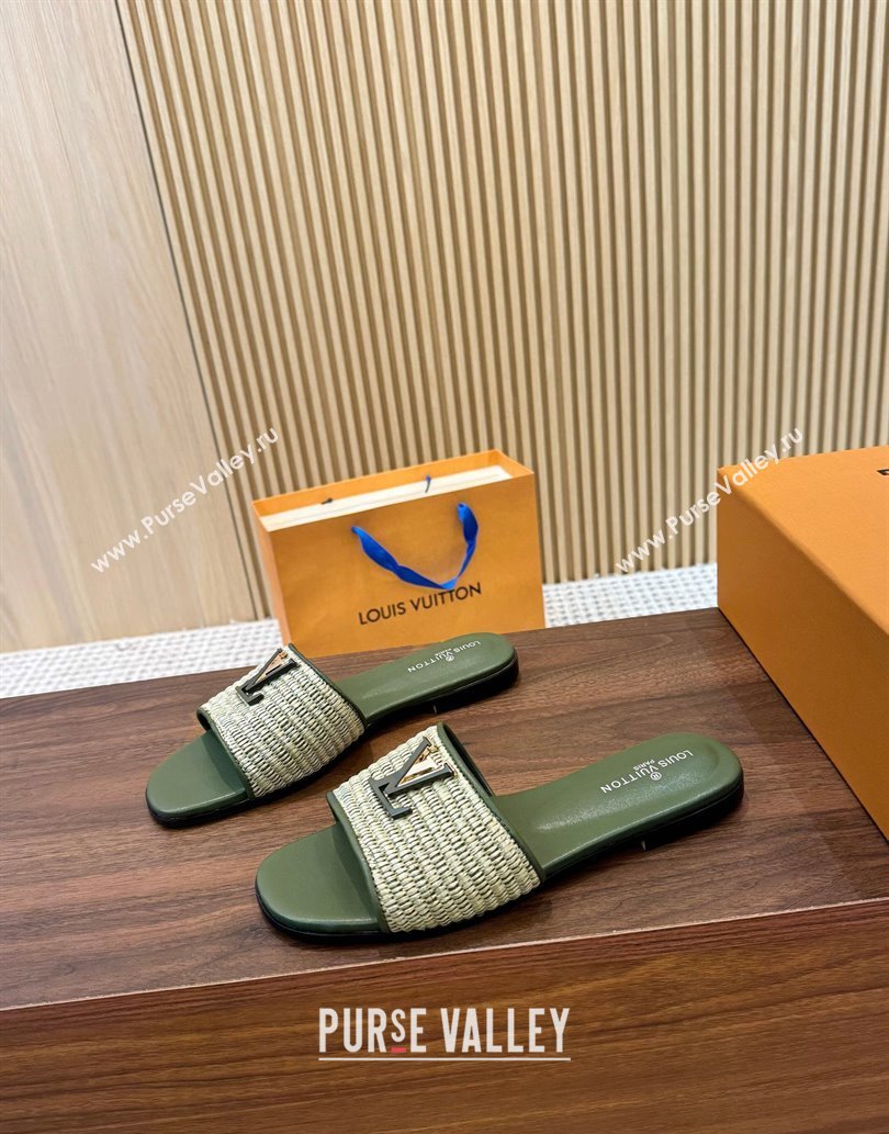 Louis Vuitton LV Mare Flat Slides Sandal in Straw-Like Green 2025 0609 (MD-250609058)
