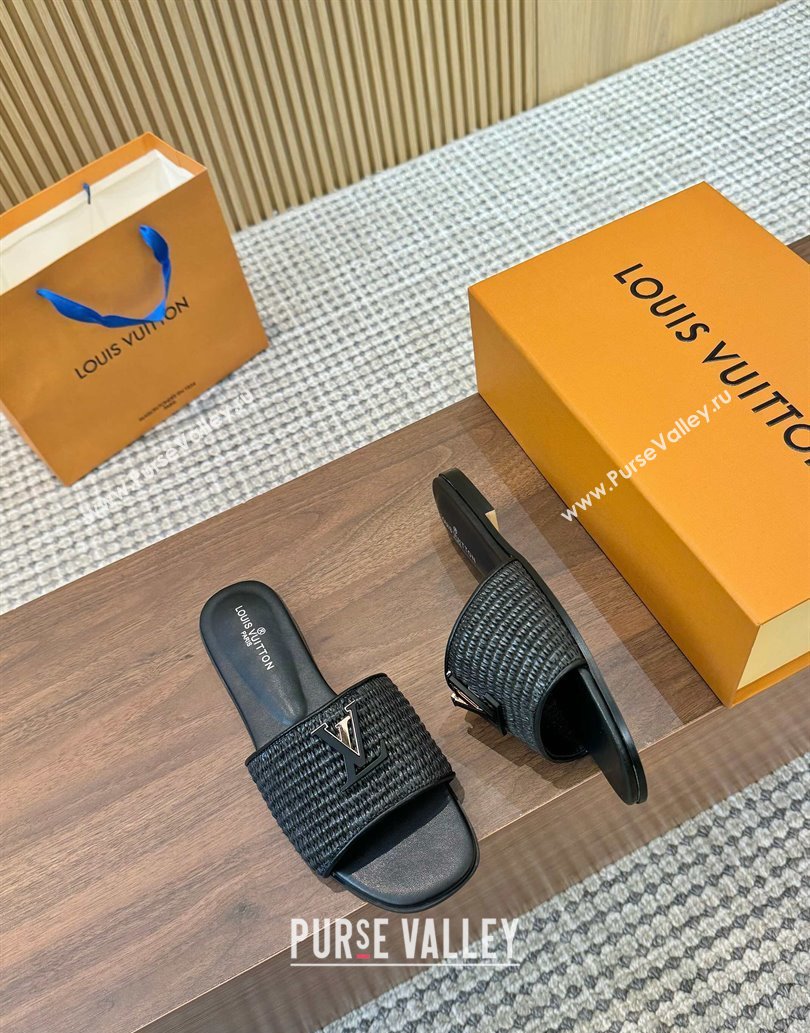 Louis Vuitton LV Mare Flat Slides Sandal in Straw-Like Black 2025 0609 (MD-250609059)