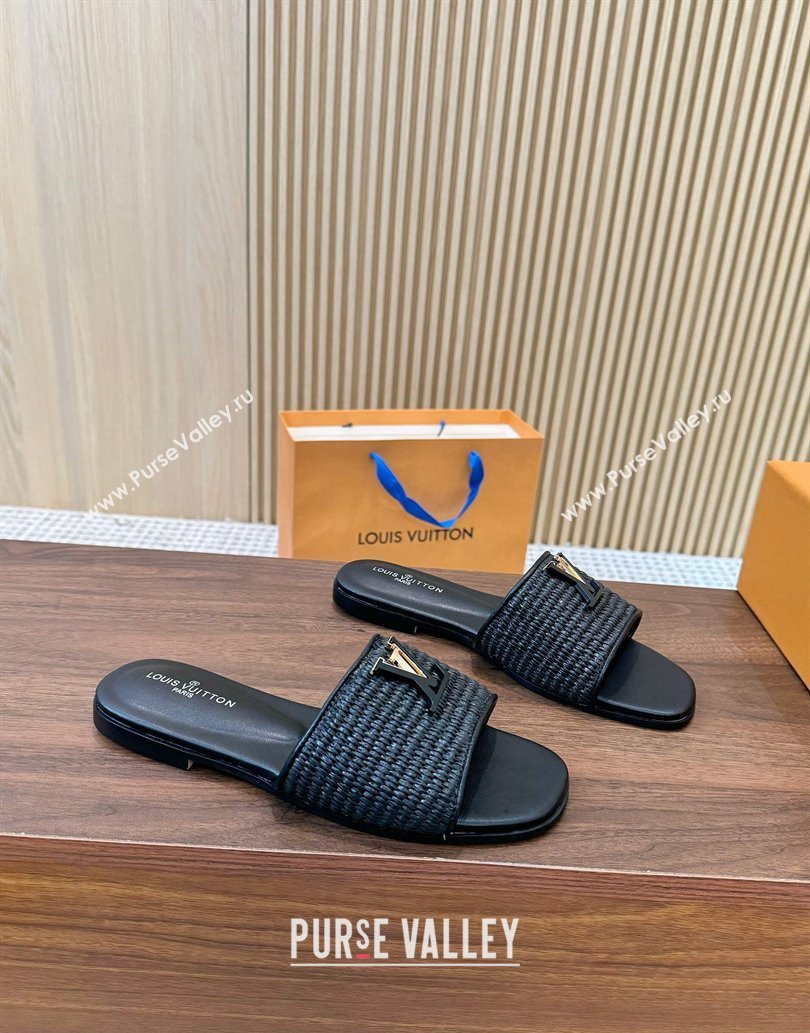 Louis Vuitton LV Mare Flat Slides Sandal in Straw-Like Black 2025 0609 (MD-250609059)