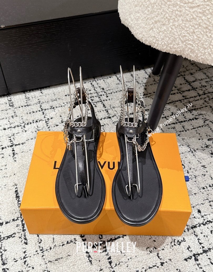 Louis Vuitton LV Vibe Flat Thong Sandals in Leather and Chain Black 2025 1AHKSL (MD-250609042)