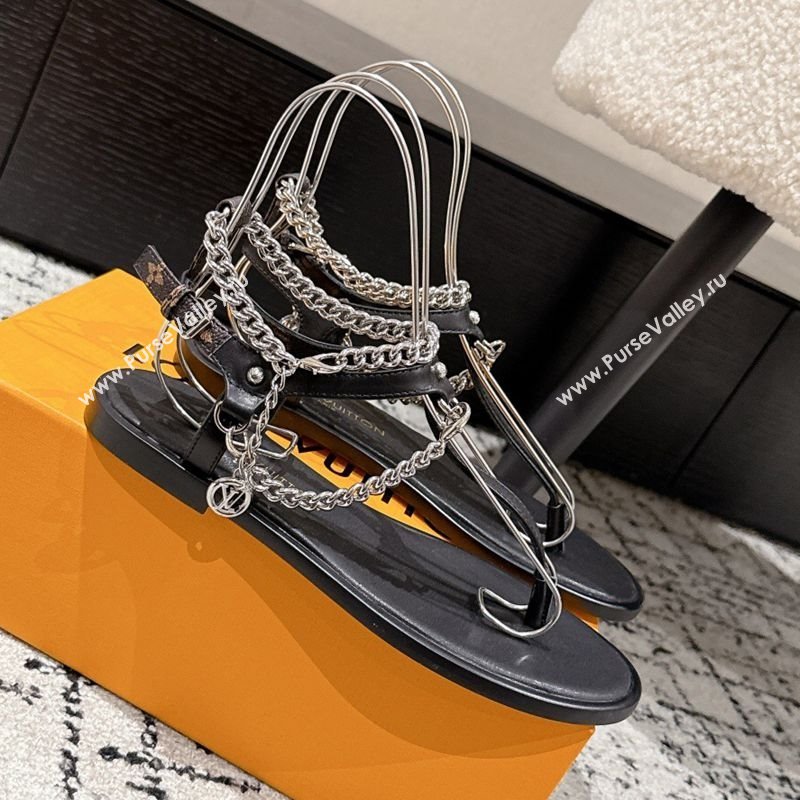 Louis Vuitton LV Vibe Flat Thong Sandals in Leather and Chain Black 2025 1AHKSL (MD-250609042)