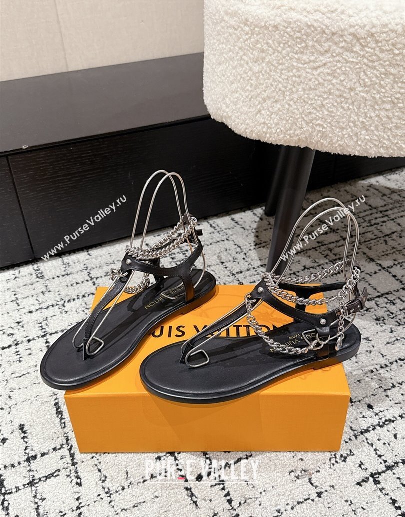 Louis Vuitton LV Vibe Flat Thong Sandals in Leather and Chain Black 2025 1AHKSL (MD-250609042)