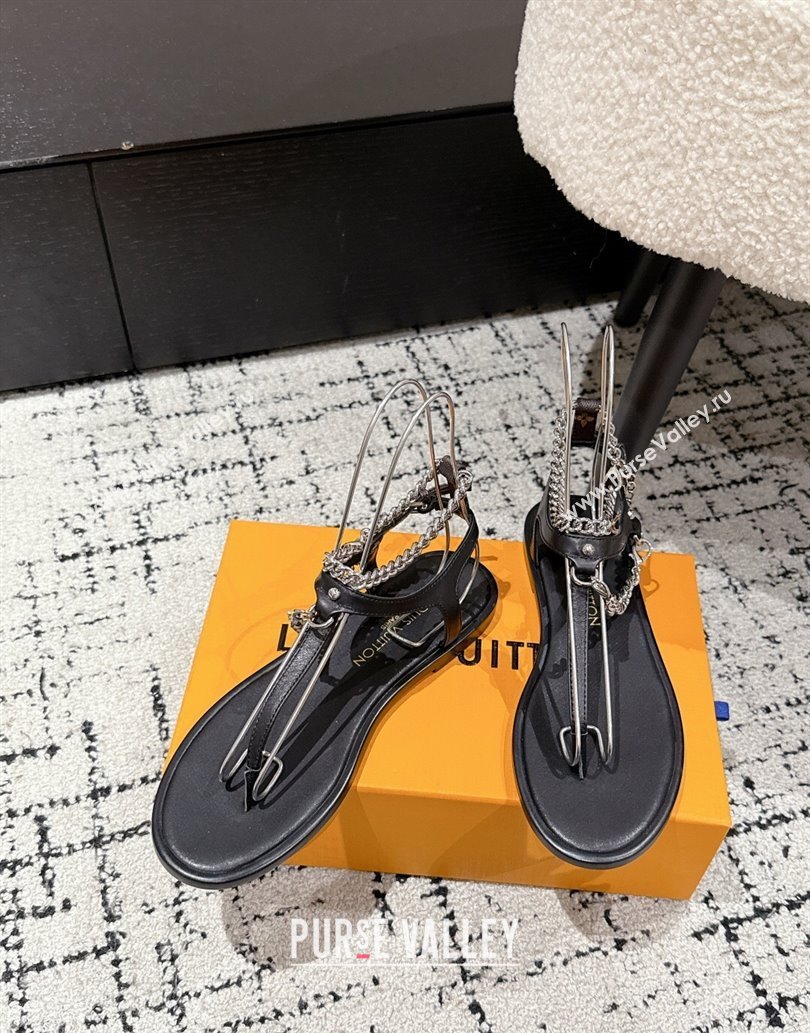 Louis Vuitton LV Vibe Flat Thong Sandals in Leather and Chain Black 2025 1AHKSL (MD-250609042)