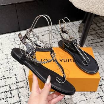 Louis Vuitton LV Vibe Flat Thong Sandals in Leather and Chain Black 2025 1AHKSL (MD-250609042)