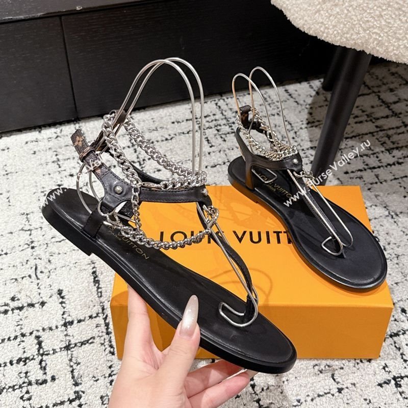 Louis Vuitton LV Vibe Flat Thong Sandals in Leather and Chain Black 2025 1AHKSL (MD-250609042)