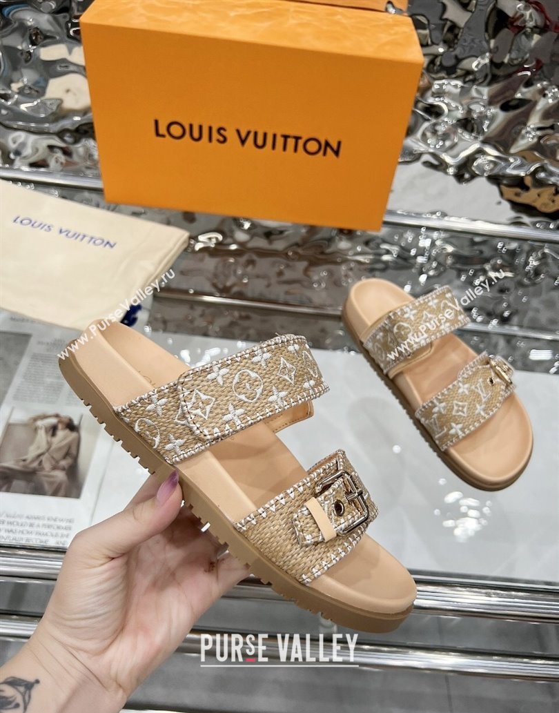 Louis Vuitton Bom Dia Flat Comfort Slides Sandal in Raffia Straw White 2025 0609 (MD-250609045)