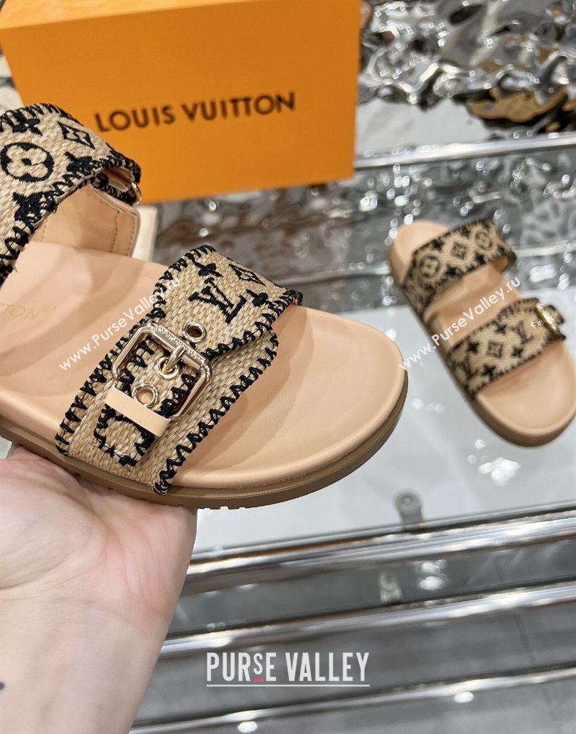 Louis Vuitton Bom Dia Flat Comfort Slides Sandal in Raffia Straw Black 2025 0609 (MD-250609046)