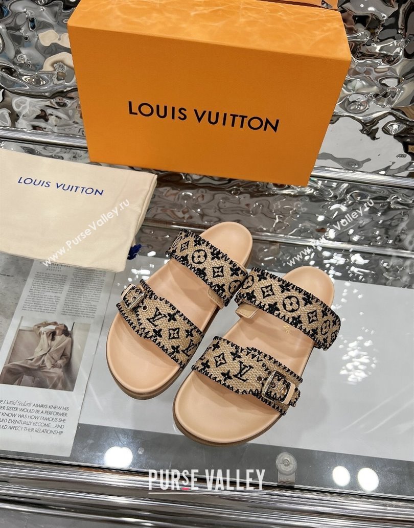 Louis Vuitton Bom Dia Flat Comfort Slides Sandal in Raffia Straw Black 2025 0609 (MD-250609046)