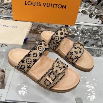 Louis Vuitton Bom Dia Flat Comfort Slides Sandal in Raffia Straw Black 2025 0609 (MD-250609046)