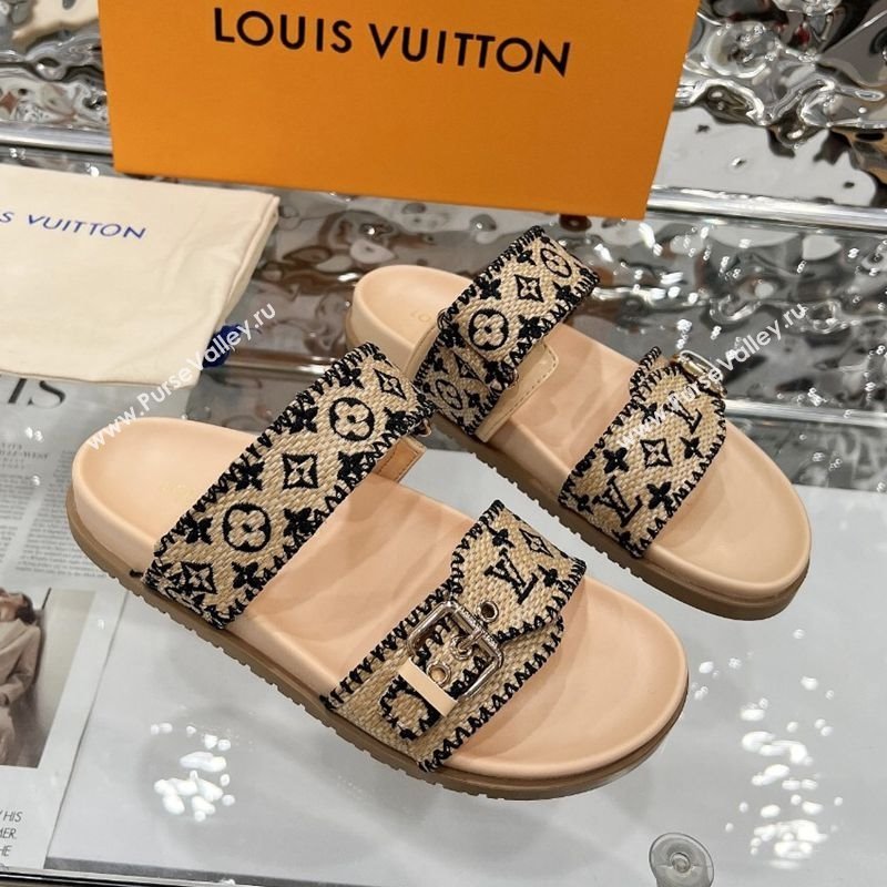 Louis Vuitton Bom Dia Flat Comfort Slides Sandal in Raffia Straw Black 2025 0609 (MD-250609046)