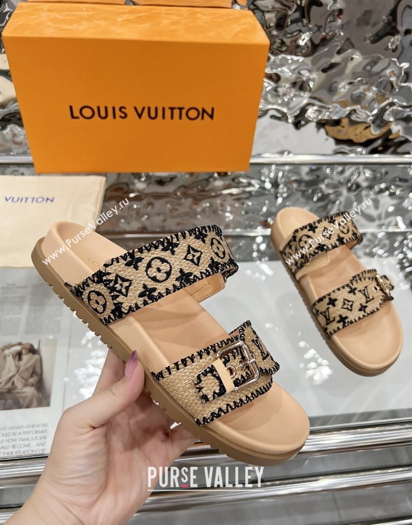 Louis Vuitton Bom Dia Flat Comfort Slides Sandal in Raffia Straw Black 2025 0609 (MD-250609046)