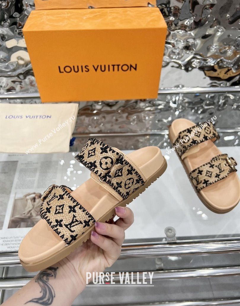 Louis Vuitton Bom Dia Flat Comfort Slides Sandal in Raffia Straw Black 2025 0609 (MD-250609046)
