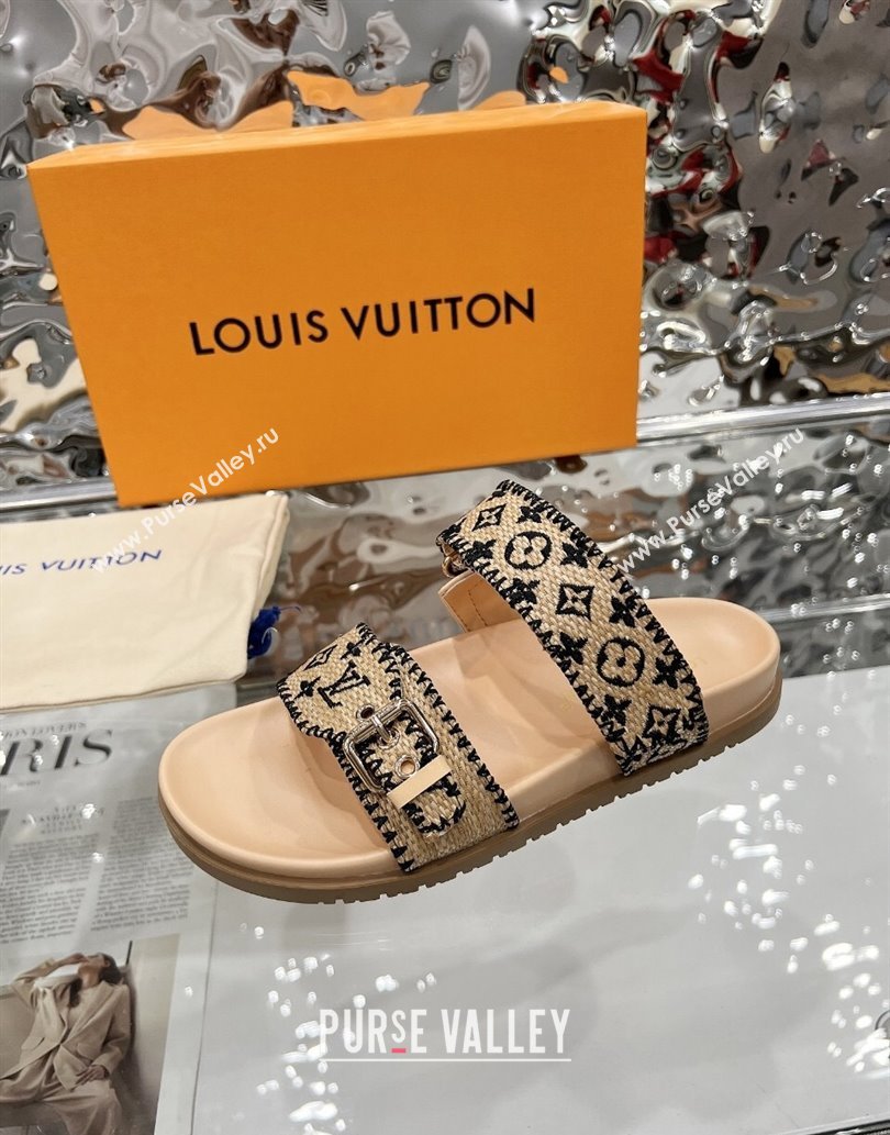 Louis Vuitton Bom Dia Flat Comfort Slides Sandal in Raffia Straw Black 2025 0609 (MD-250609046)