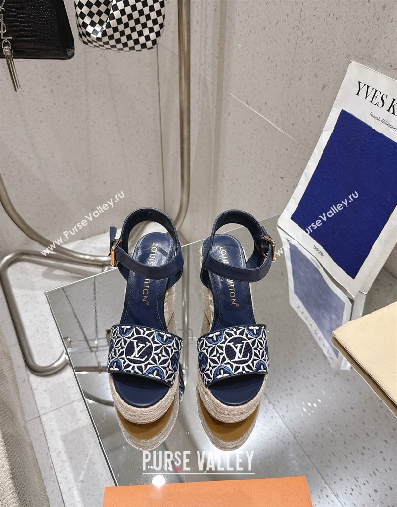 Louis Vuitton Helios Wedge Espadrille Sandals 11cm in Monogram Jacquard Navy Blue 2025 0609 (MD-250609047)