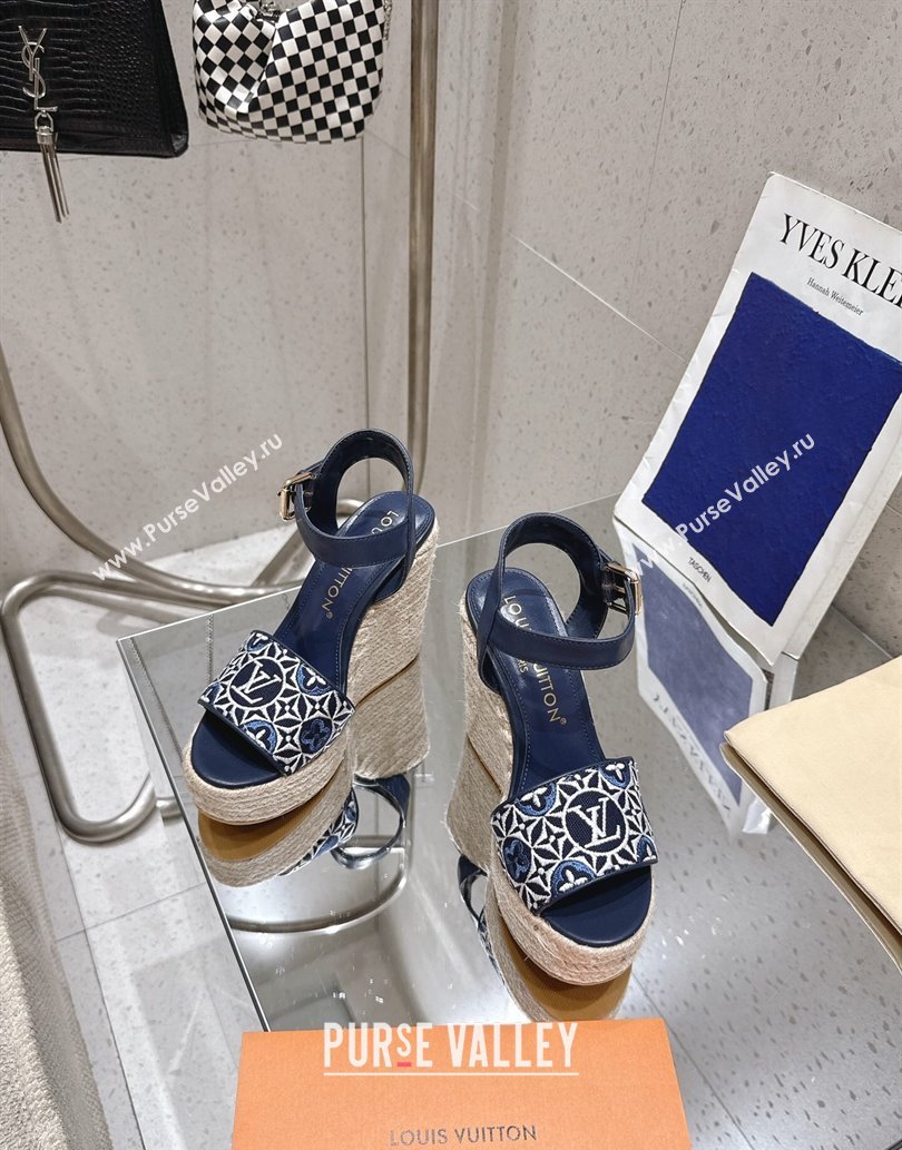 Louis Vuitton Helios Wedge Espadrille Sandals 11cm in Monogram Jacquard Navy Blue 2025 0609 (MD-250609047)