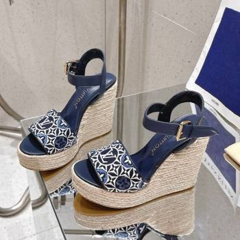 Louis Vuitton Helios Wedge Espadrille Sandals 11cm in Monogram Jacquard Navy Blue 2025 0609 (MD-250609047)