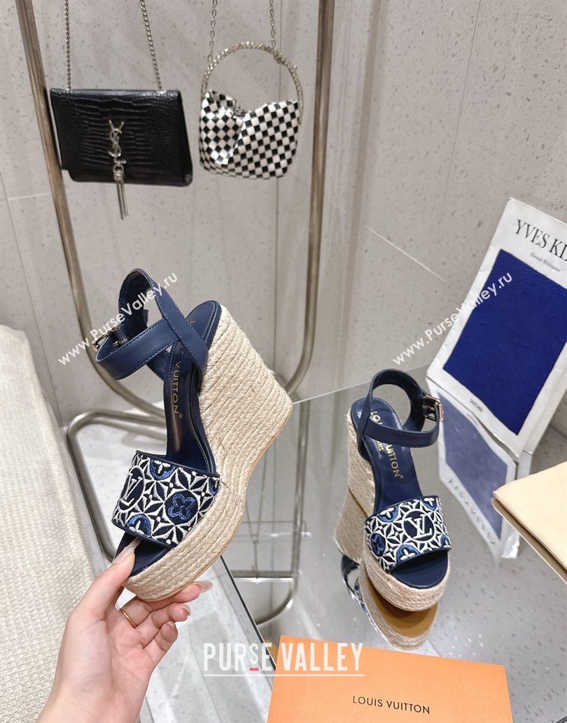 Louis Vuitton Helios Wedge Espadrille Sandals 11cm in Monogram Jacquard Navy Blue 2025 0609 (MD-250609047)