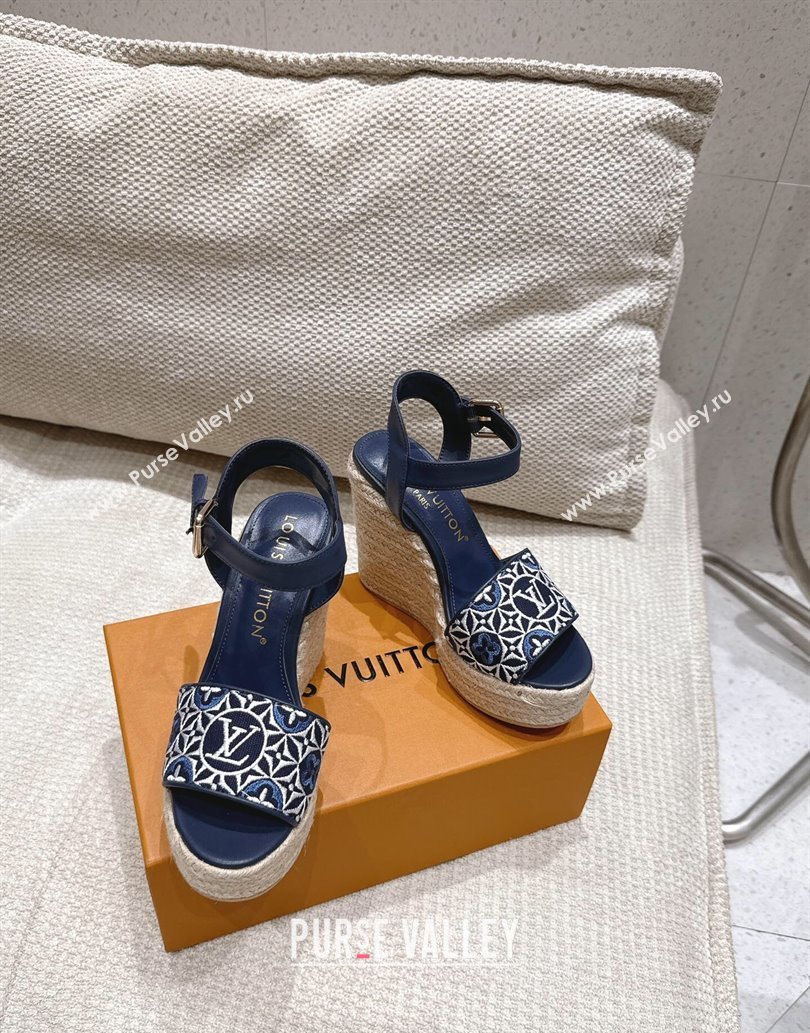 Louis Vuitton Helios Wedge Espadrille Sandals 11cm in Monogram Jacquard Navy Blue 2025 0609 (MD-250609047)