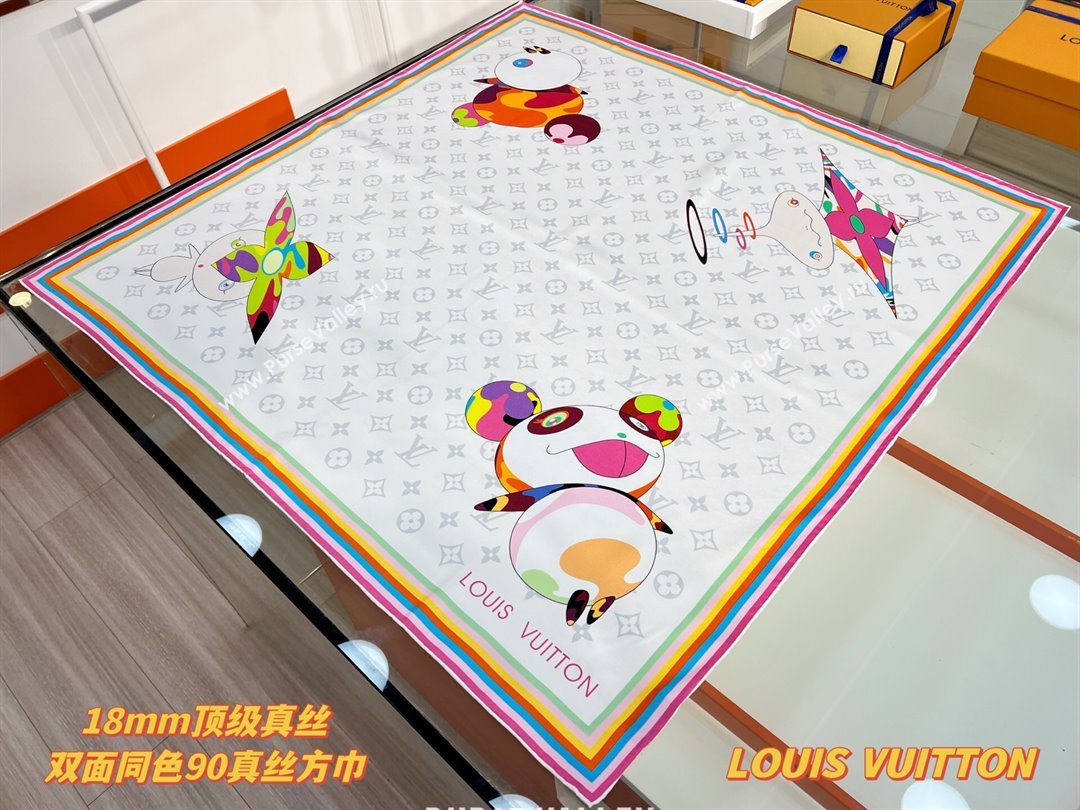 Louis Vuitton LV x TM Superflat Characters Silk Square Scarf 90x90cm White 2025 (SHI-250617053)