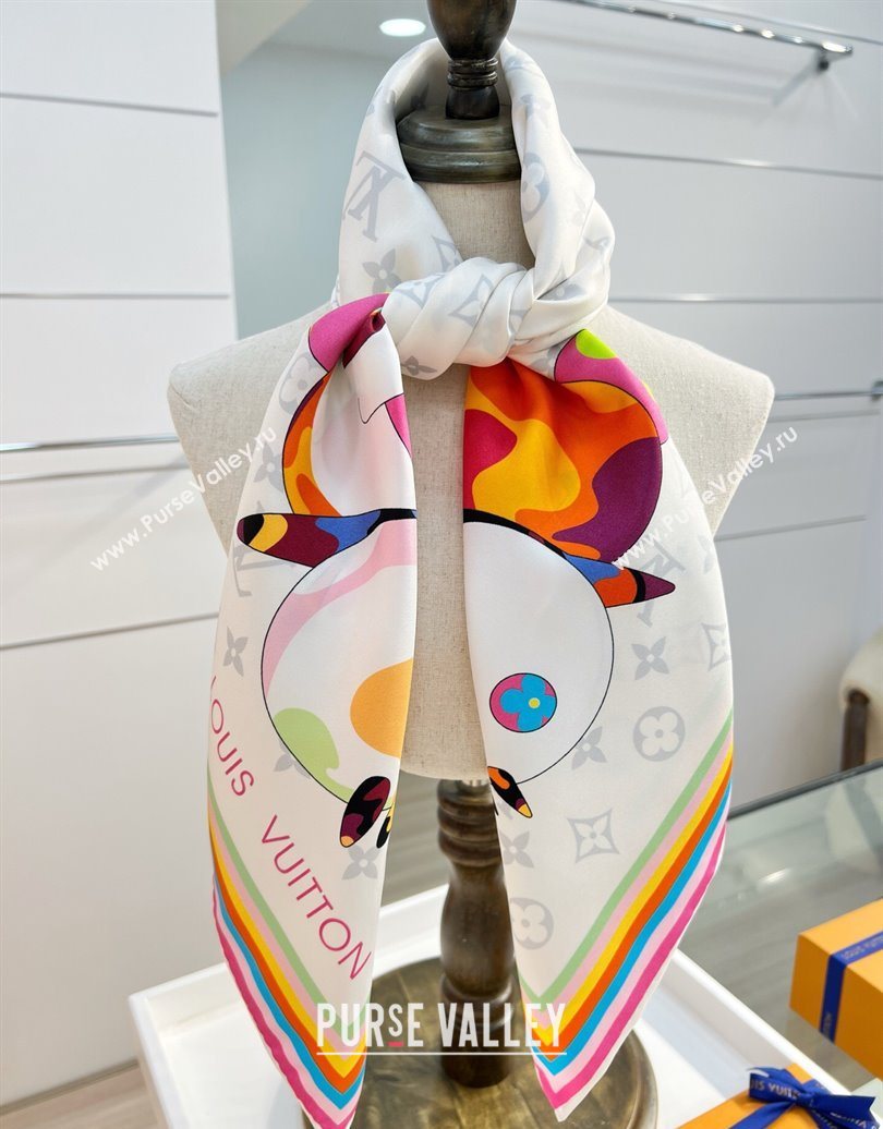 Louis Vuitton LV x TM Superflat Characters Silk Square Scarf 90x90cm White 2025 (SHI-250617053)