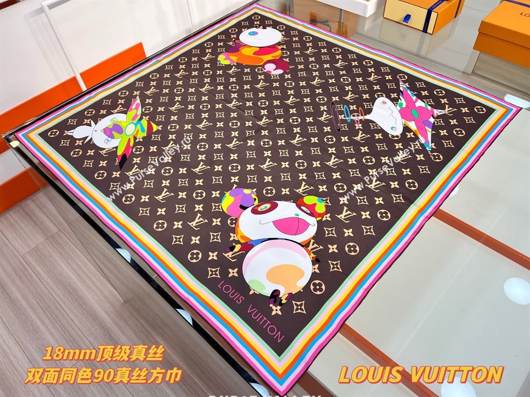 Louis Vuitton LV x TM Superflat Characters Silk Square Scarf 90x90cm Brown 2025 (SHI-250617054)