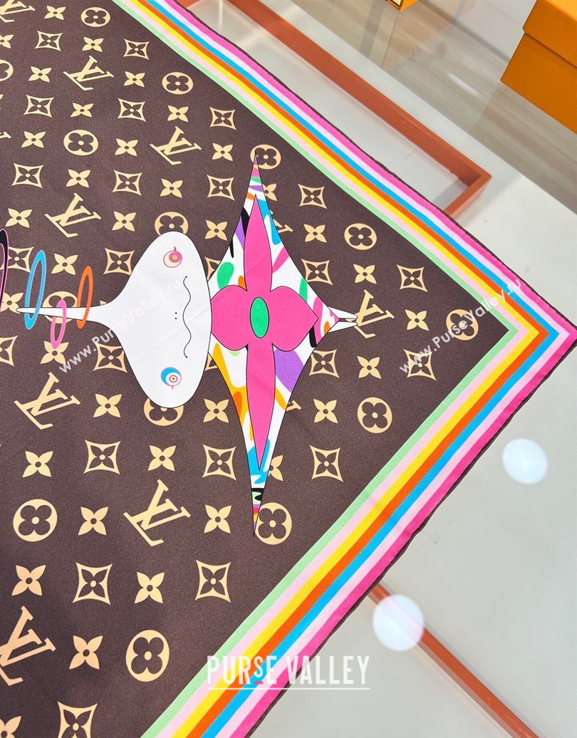 Louis Vuitton LV x TM Superflat Characters Silk Square Scarf 90x90cm Brown 2025 (SHI-250617054)