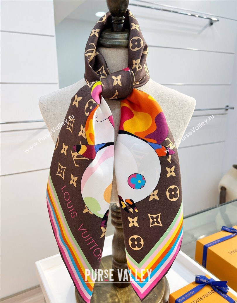 Louis Vuitton LV x TM Superflat Characters Silk Square Scarf 90x90cm Brown 2025 (SHI-250617054)