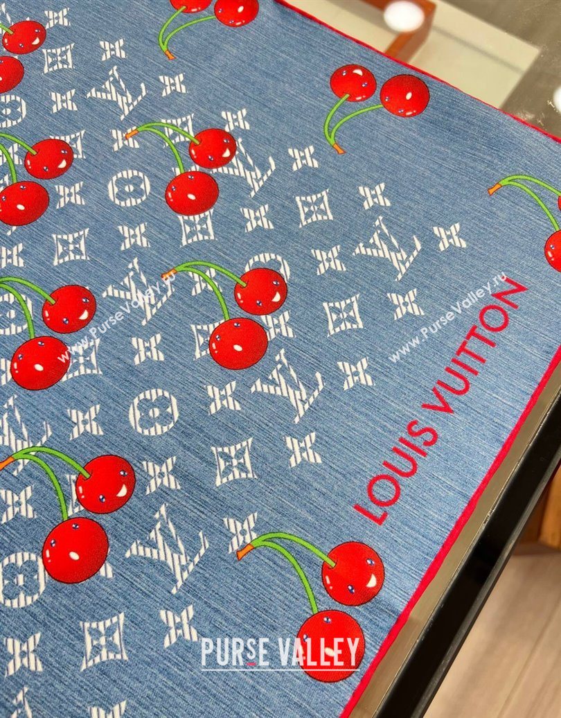 Louis Vuitton LV x TM Cherry Cerise Silk Square Scarf 90x90cm Denim Blue 2025 (SHI-250617052)