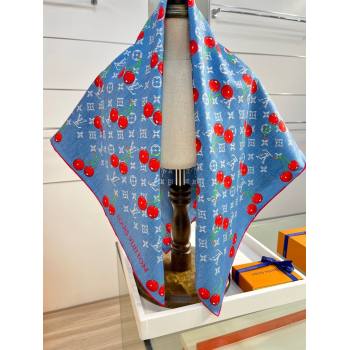 Louis Vuitton LV x TM Cherry Cerise Silk Square Scarf 90x90cm Denim Blue 2025 (SHI-250617052)