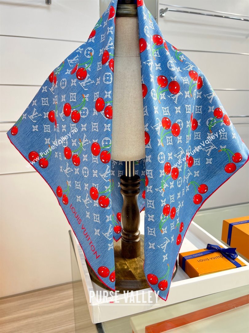 Louis Vuitton LV x TM Cherry Cerise Silk Square Scarf 90x90cm Denim Blue 2025 (SHI-250617052)