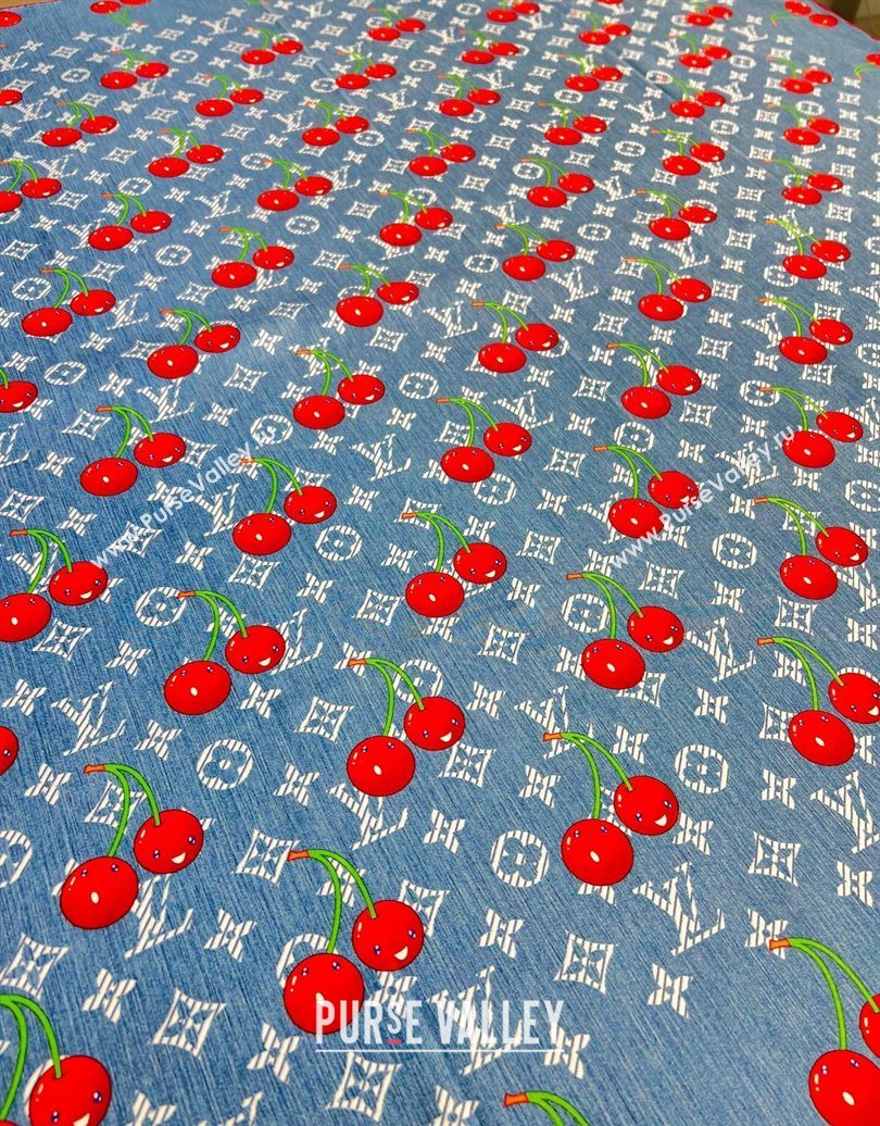 Louis Vuitton LV x TM Cherry Cerise Silk Square Scarf 90x90cm Denim Blue 2025 (SHI-250617052)