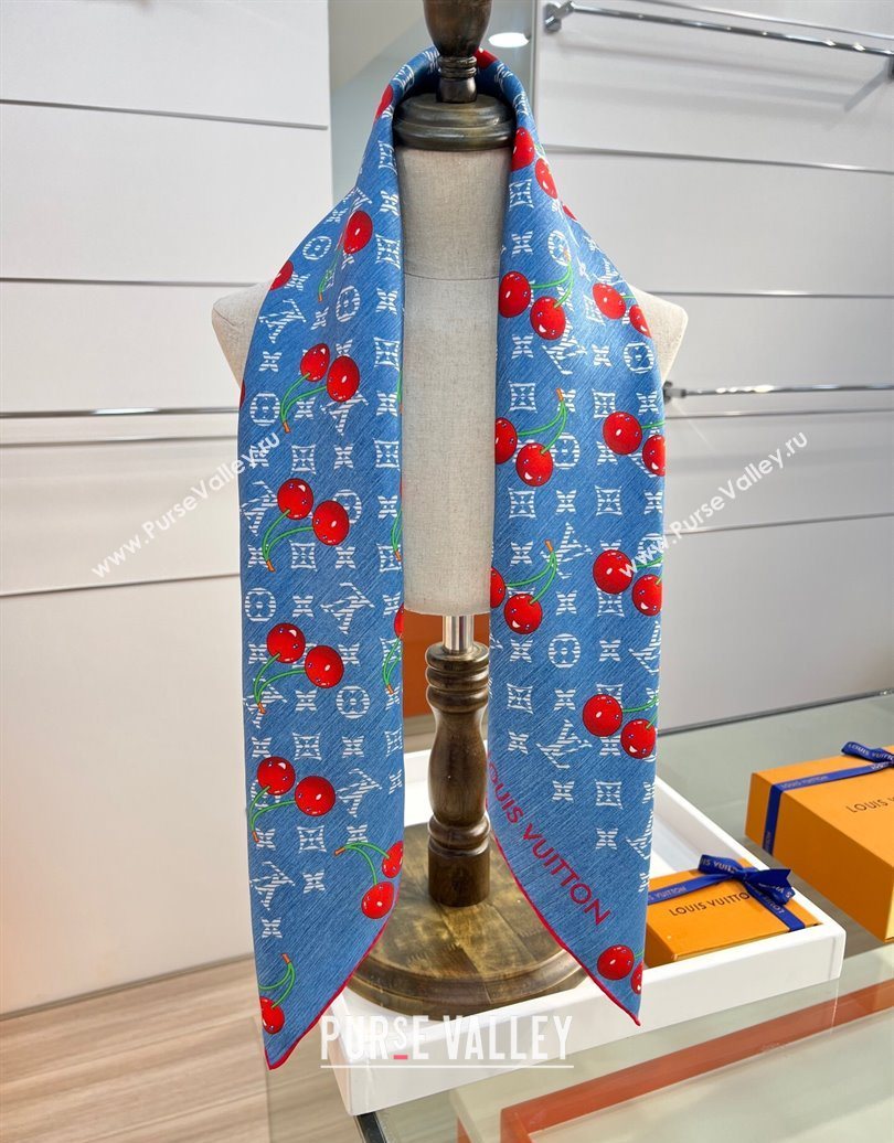 Louis Vuitton LV x TM Cherry Cerise Silk Square Scarf 90x90cm Denim Blue 2025 (SHI-250617052)