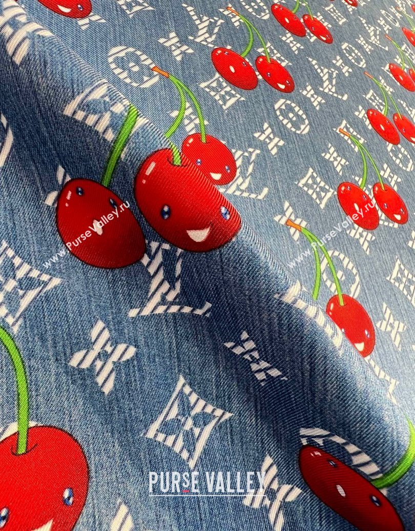 Louis Vuitton LV x TM Cherry Cerise Silk Square Scarf 90x90cm Denim Blue 2025 (SHI-250617052)
