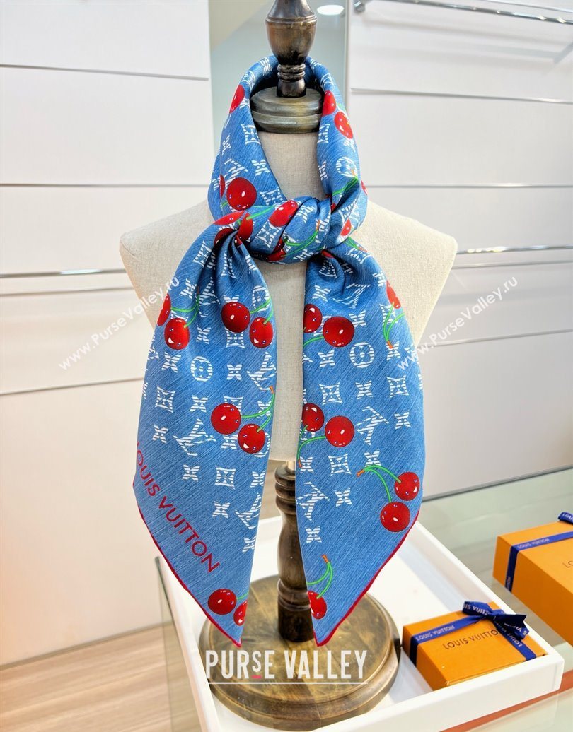 Louis Vuitton LV x TM Cherry Cerise Silk Square Scarf 90x90cm Denim Blue 2025 (SHI-250617052)