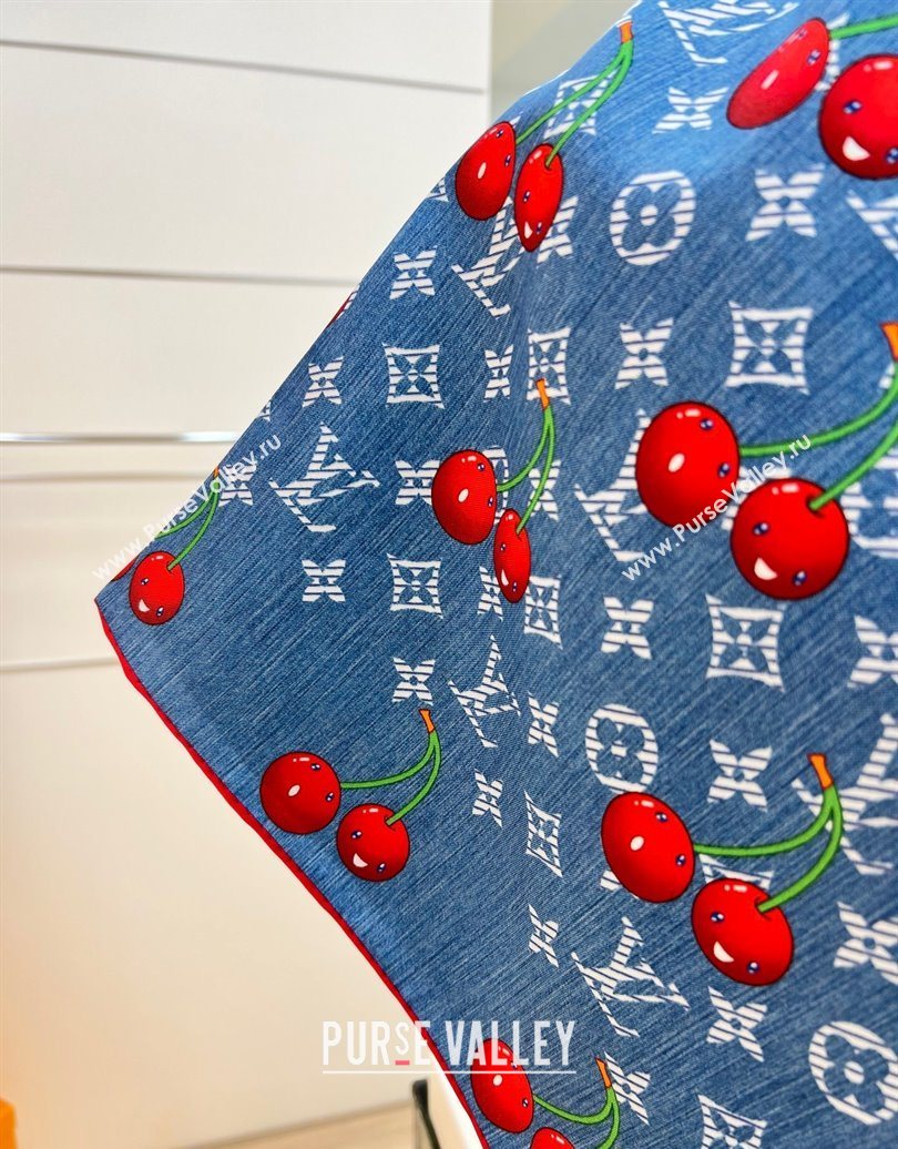 Louis Vuitton LV x TM Cherry Cerise Silk Square Scarf 90x90cm Denim Blue 2025 (SHI-250617052)