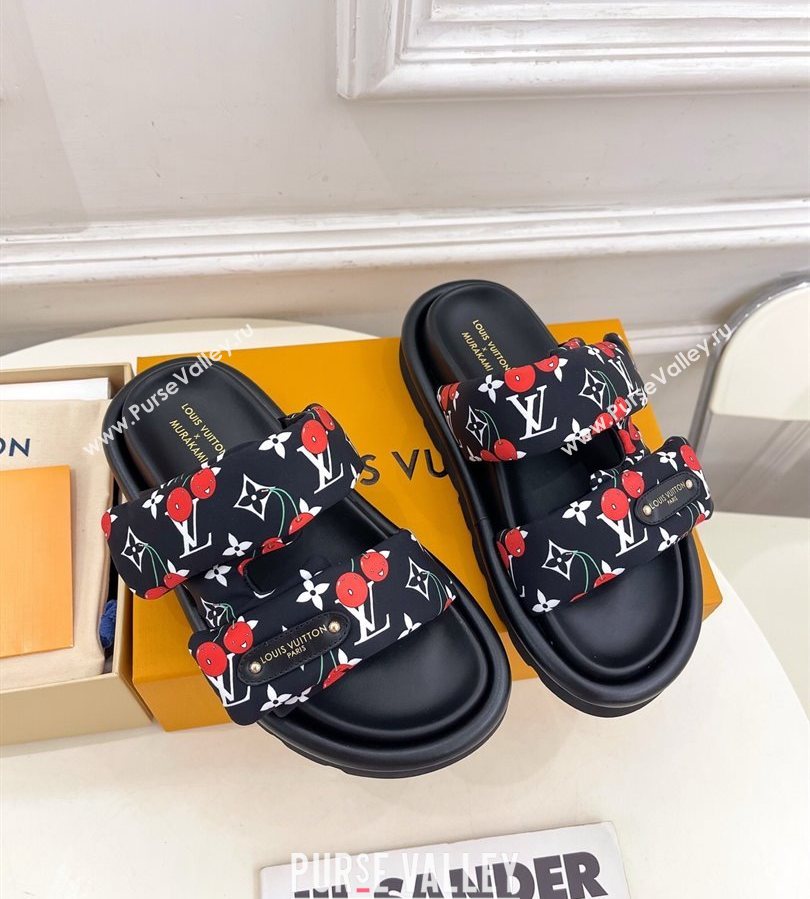 Louis Vuitton LV x TM Pool Pillow Flat Comfort Slides Sandal in Black Cherry Fabric 2025 1AHME4 (MD-250712046)