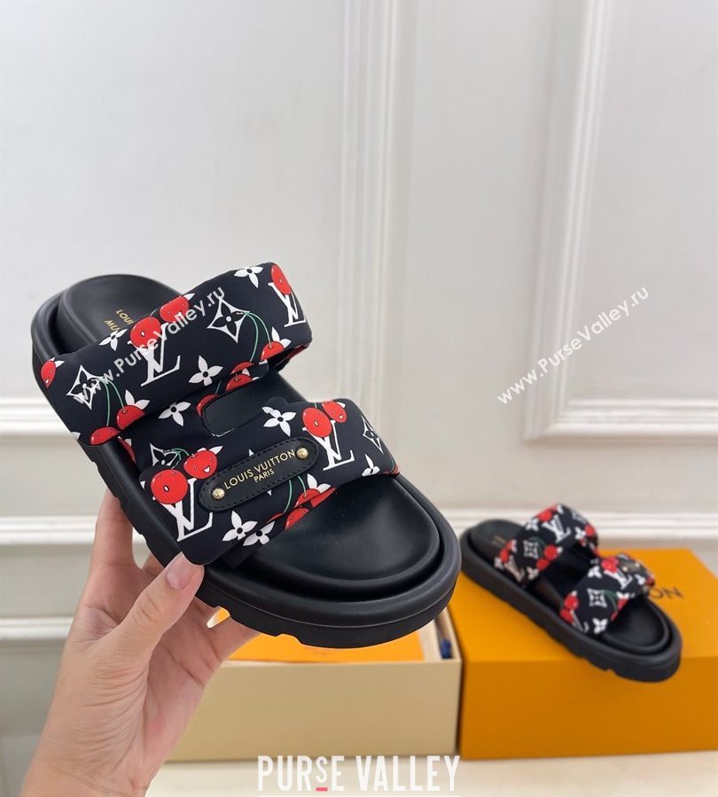 Louis Vuitton LV x TM Pool Pillow Flat Comfort Slides Sandal in Black Cherry Fabric 2025 1AHME4 (MD-250712046)