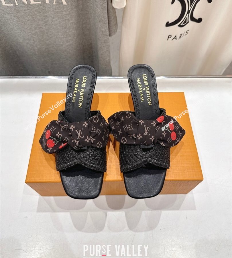 Louis Vuitton LV x TM Cherie Heel Slides Sandal 5.5cm in Raffia Straw with Bow Black 2025 (MD-250712055)