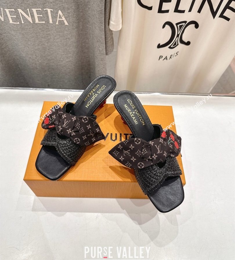 Louis Vuitton LV x TM Cherie Heel Slides Sandal 5.5cm in Raffia Straw with Bow Black 2025 (MD-250712055)