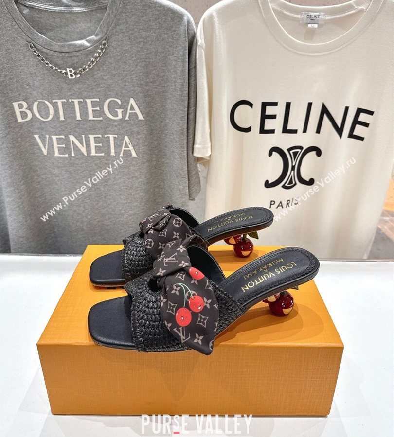 Louis Vuitton LV x TM Cherie Heel Slides Sandal 5.5cm in Raffia Straw with Bow Black 2025 (MD-250712055)