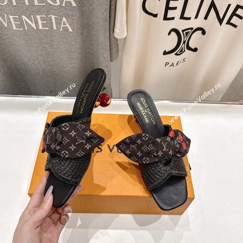 Louis Vuitton LV x TM Cherie Heel Slides Sandal 5.5cm in Raffia Straw with Bow Black 2025 (MD-250712055)