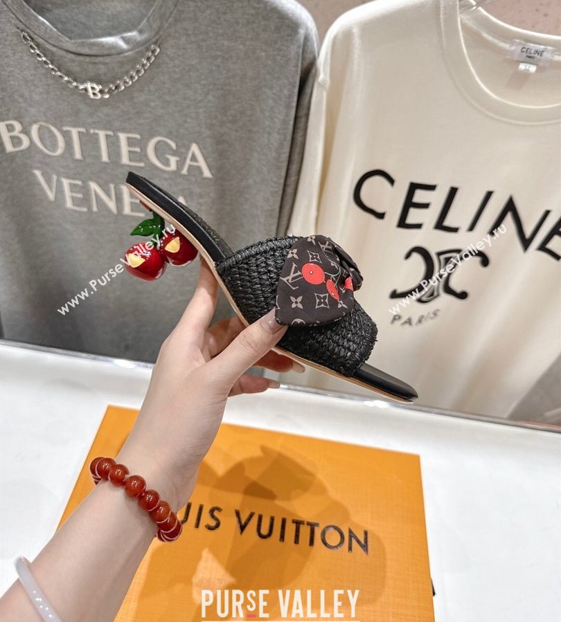 Louis Vuitton LV x TM Cherie Heel Slides Sandal 5.5cm in Raffia Straw with Bow Black 2025 (MD-250712055)