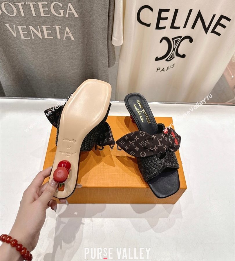 Louis Vuitton LV x TM Cherie Heel Slides Sandal 5.5cm in Raffia Straw with Bow Black 2025 (MD-250712055)