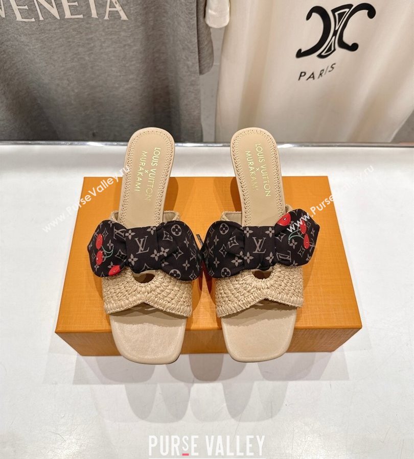 Louis Vuitton LV x TM Cherie Heel Slides Sandal 5.5cm in Raffia Straw with Bow Beige 2025 (MD-250712056)