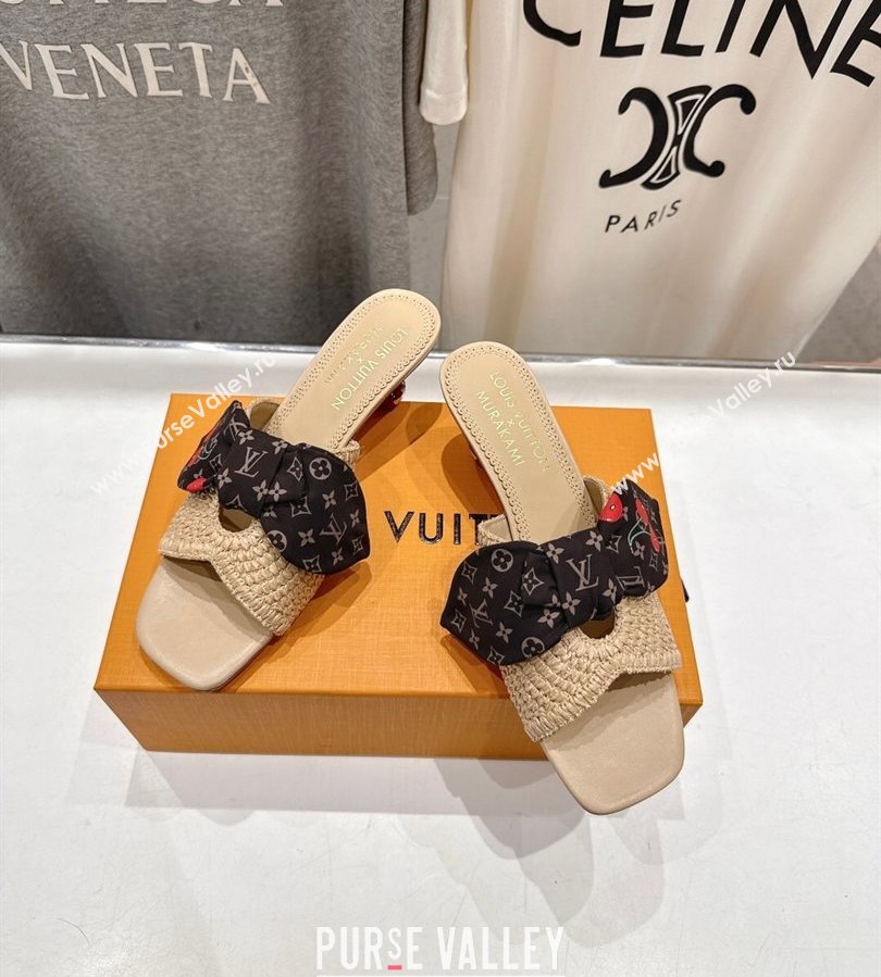 Louis Vuitton LV x TM Cherie Heel Slides Sandal 5.5cm in Raffia Straw with Bow Beige 2025 (MD-250712056)