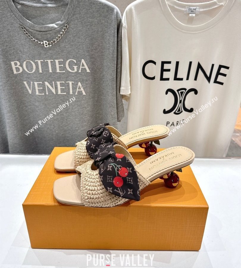 Louis Vuitton LV x TM Cherie Heel Slides Sandal 5.5cm in Raffia Straw with Bow Beige 2025 (MD-250712056)