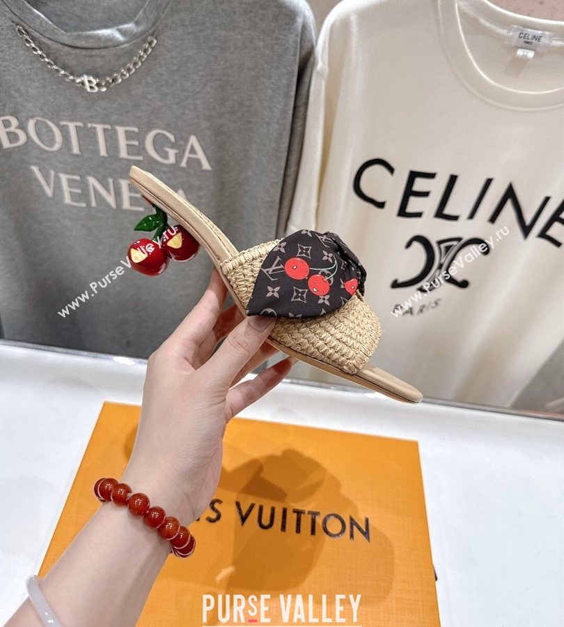 Louis Vuitton LV x TM Cherie Heel Slides Sandal 5.5cm in Raffia Straw with Bow Beige 2025 (MD-250712056)